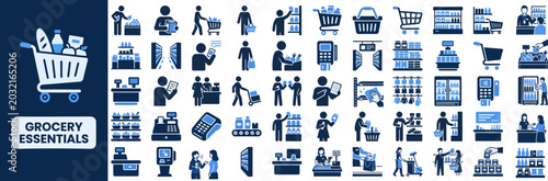 Supermarket Retail and Checkout solid icon set. Featuring cashier, shopping bag, scanner, trolley, and receipt symbols. Editable stroke vector icons for retail pos app.