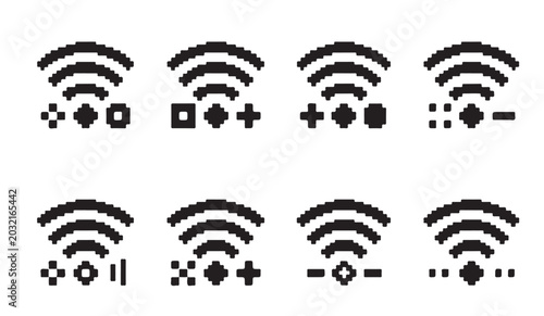 Photos Wireless network signal strength pixel art icon set showing varying connectivity levels