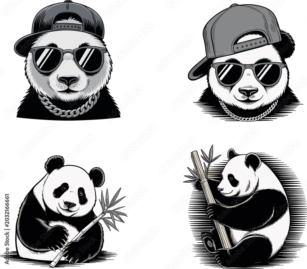 Fototapeta premium Adorable Panda Cartoon Clipart Collection, Baby Panda Sticker Design Bundle for Cricut