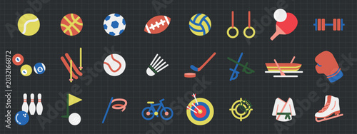 Billede på lærred Vector icons of various sports equipment on a dark grid background
