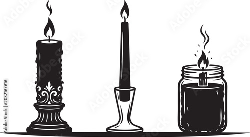 Schilderij op canvas Three black candles burning vintage candelabra taper and jar illustration