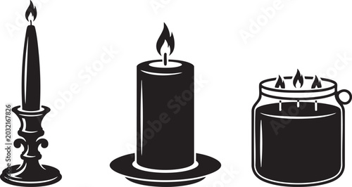 Tableau sur toile Black silhouette candles collection taper pillar and jar candles with flames vec