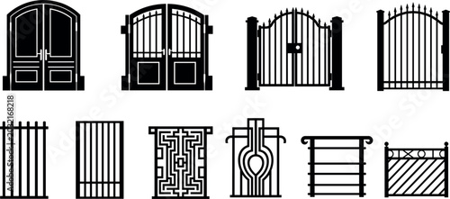 Fotografie Wrought Iron Gate and Fence Silhouette Icon Set with Decorative Metal Grills, Se