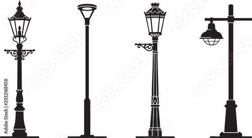 Fotografija Four vintage street lamps collection black silhouette vector illustration for ur
