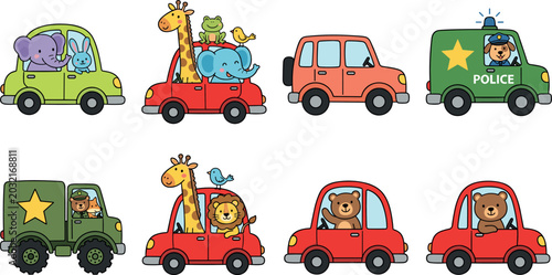 Cute Cartoon Animal Cars Vector Set with Bear, Elephant, Giraffe, Lion, and Police Vehicle Characters for Kids Designs