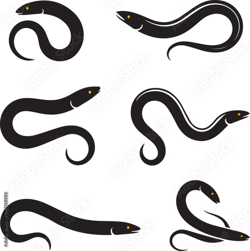 Set of six black eel silhouettes in various poses with marine life sea creature black and white