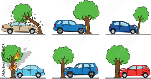 Car Accident Collision Collection with Vehicles Crashing into Trees, Road Safety Incidents, and Damaged Automobile Cartoon Illustrations
