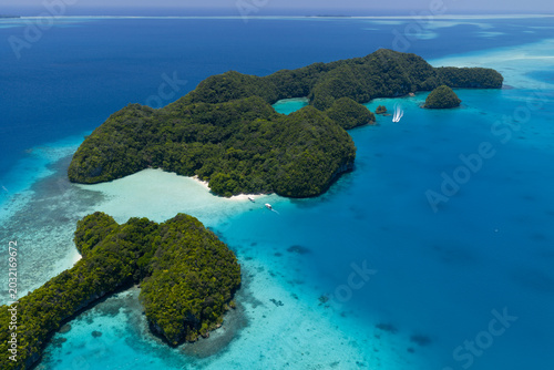 A popular beach, named Two Dog Beach, is found amid Palau's scenic Rock Islands. This beautiful island-nation is a popular destination for divers, snorkelers, kayakers, and World War II buffs. 