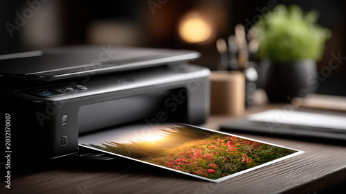 Printer producing a beautiful garden print, illustrating home office functionality and the tangibility of bringing digital memories into physical keepsakes