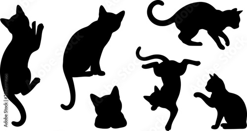 Black cat silhouettes in various active and resting poses for Halloween graphics