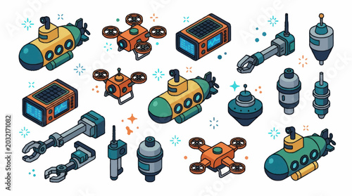 Foto Isometric Illustration of Various Underwater Drones and Submarines