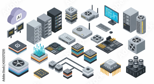 Isometric illustration of various computer server hardware components.