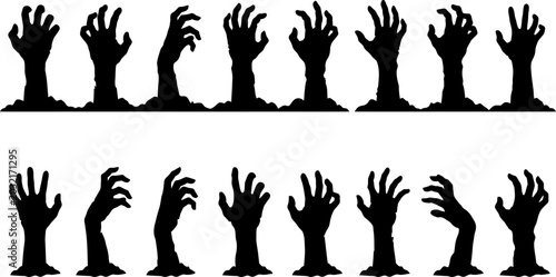 Creepy zombie hands rising from the ground silhouette set for dark Halloween graveyard themed design projects