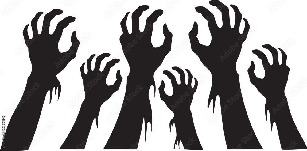 Fototapeta premium Zombies Rising Black Silhouettes on White Background