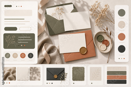 Creative layout of design elements and stationery items on a light surface with natural decorations