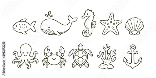 Hand-drawn sea life and cute ocean animal elements doodle icon set vector illustration