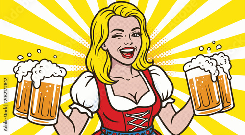 Oktoberfest bavarian woman with beer steins vintage pop art illustration