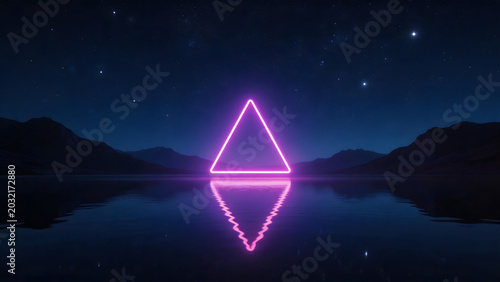 Neon triangle over water at night