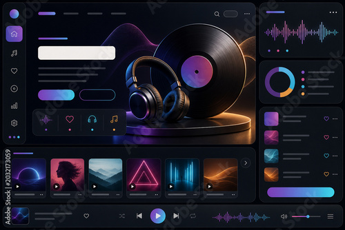 Design of modern music player interface with record and headphones in dark theme showcasing various audio elements and visual features