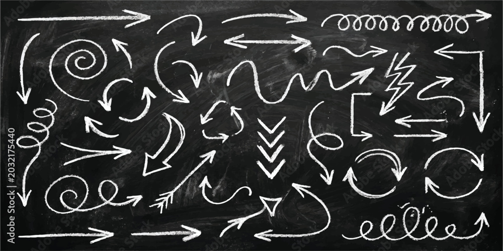 Obraz premium Set of hand drawn chalk arrows and doodle elements on a black chalkboard background Vector, illustration