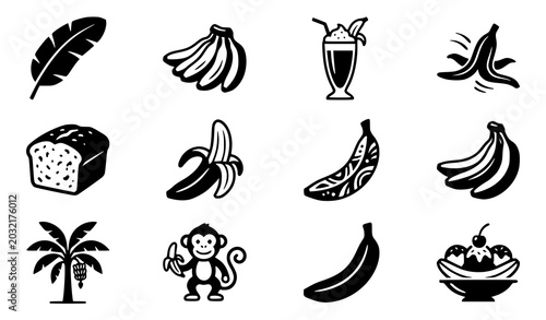 Photography Tropical Banana Themed Icon Collection Featuring Banana Bread Palm Tree Monkey S