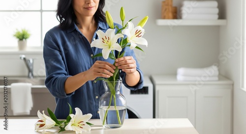 A woman in a denim shirt placing fresh white lilies into a transparent glass vase filled with water in a clean, bright room