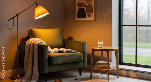 A cozy armchair with a blanket and an open book under a warm floor lamp next to a window on a rainy day