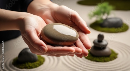 Close-up of a person's hands holding a smooth, wet dark stone over a miniature zen sand garden with stacked stone towers and moss