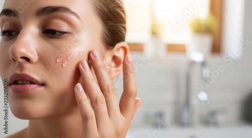 Close-up of a young woman gently applying a clear gel or serum to her cheek in a bright, modern bathroom setting