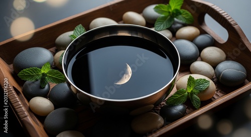 A dark wooden spa tray arranged with smooth grey and beige river stones, fresh green mint leaves, and a central black bowl of water reflecting a crescent moon.