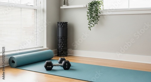 A bright home workout area featuring a blue yoga mat spread on a wooden floor, a pair of black dumbbells, a black foam roller, and a green potted plant in the background near a window