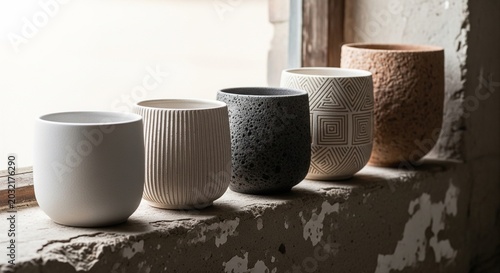 A row of five empty textured ceramic and terracotta flower pots lined up on a rustic, concrete windowsill with natural light