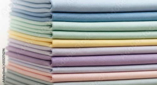 A close-up stack of perfectly folded, smooth fabric sheets in a soft gradient of pastel colors, showing crisp edges and fine textures
