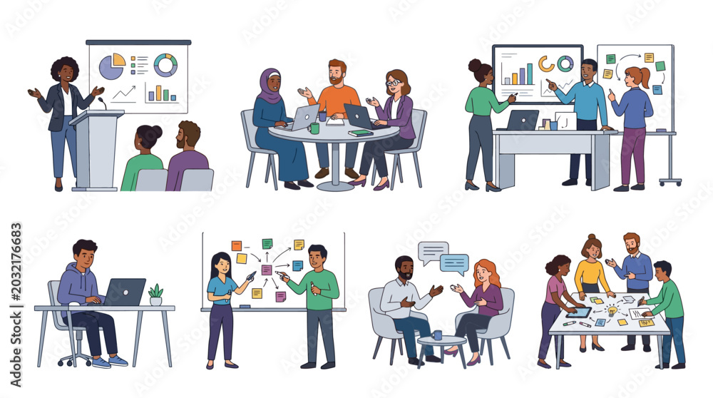 Fototapeta premium Diverse business team collaborates in meeting room with presentation and brainstorming sessions actively.