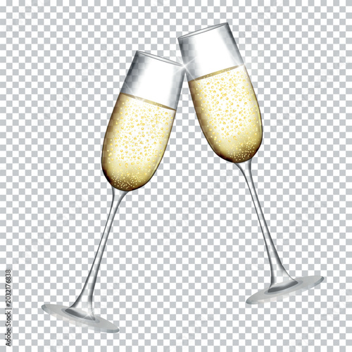 Foto Two elegant champagne flutes clinking filled with bubbly golden sparkling wine i