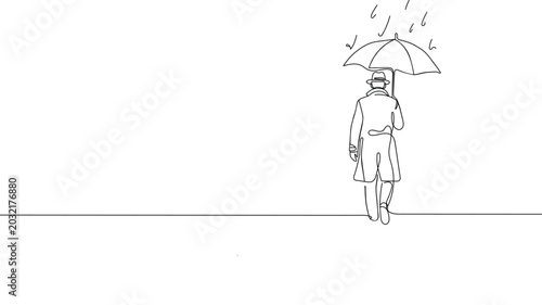 Cuadro en lienzo Single line art illustration of mysterious man walking with umbrella in heavy rain storm