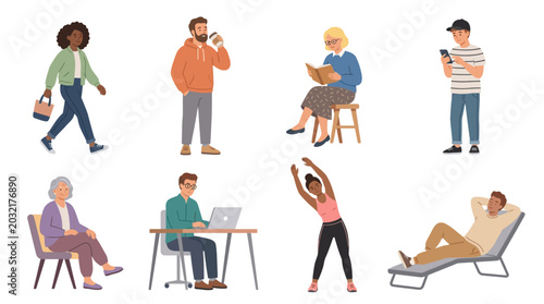 People engage in various activities at home and outdoors in a lively illustration scene.