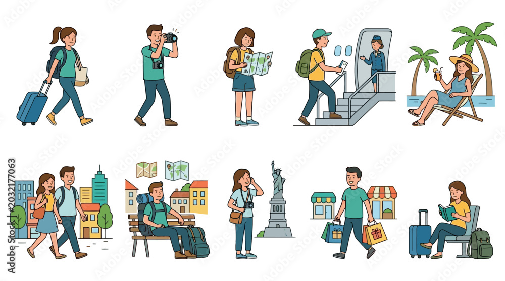 Fototapeta premium People travel to various destinations on vacation with luggage and maps in hand.