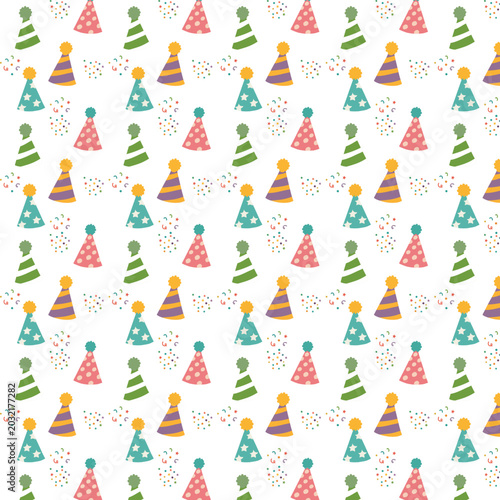 A seamless birthday party hat pattern with colorful striped and polka dot hats and confetti is illustrated in a playful flat vector style perfect for wrapping paper, party decor, and festive celebrati
