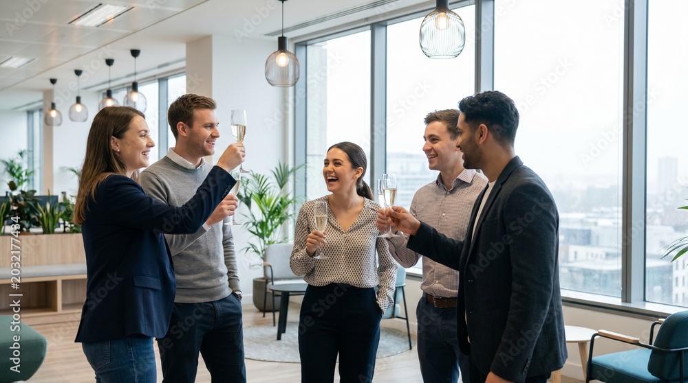 Obraz premium Diverse group of people toasting with glasses in modern office
