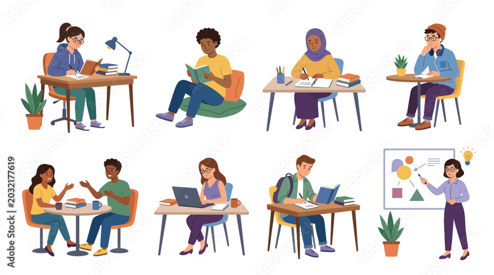 Fototapeta premium Diverse group of people studying and working together in a collaborative educational environment with laptops.