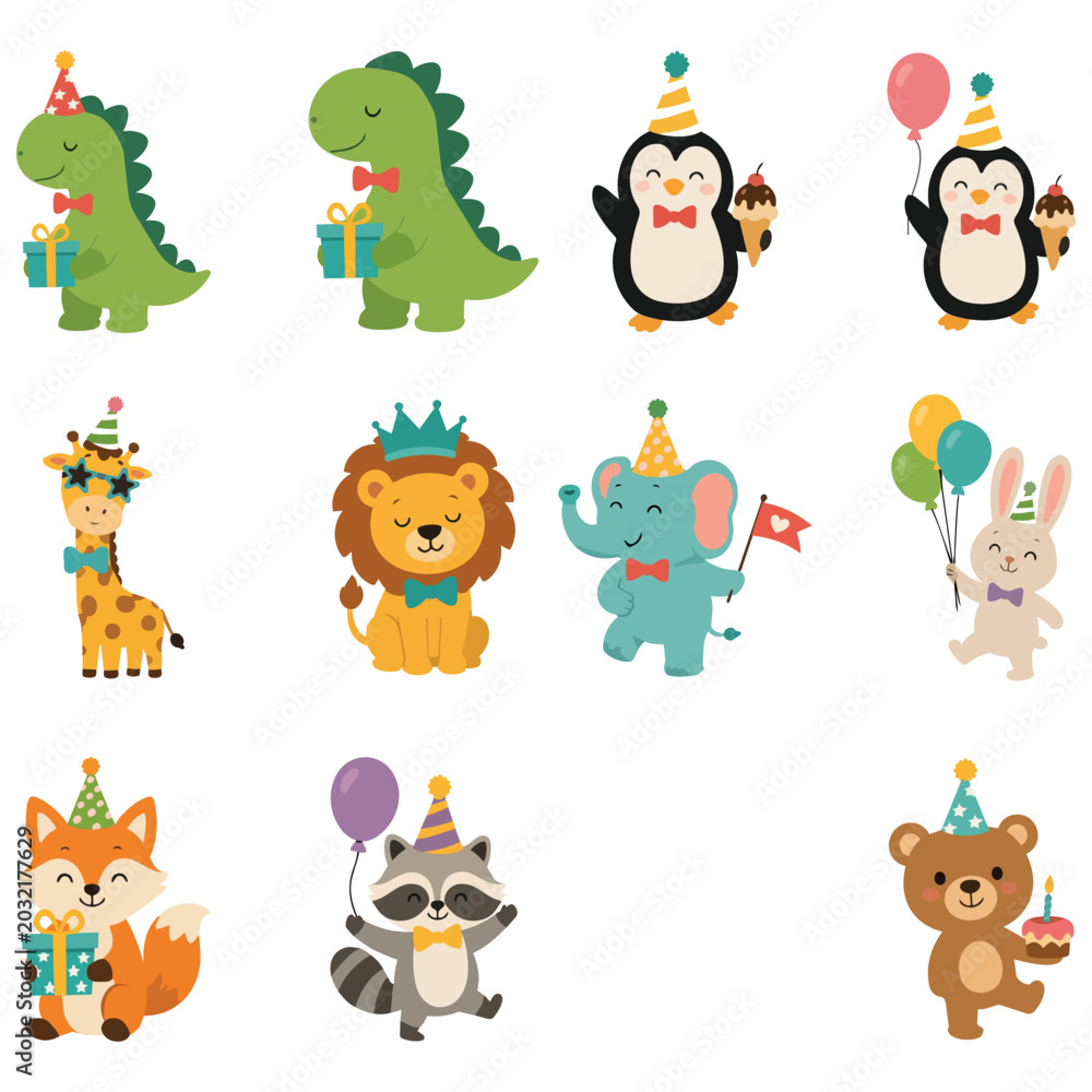 Fototapeta premium Cute flat vector collection of party animals including dinosaur, penguin, giraffe, lion, elephant, rabbit, fox, raccoon, and bear with balloons, gifts, cakes, and party accessories on a light backgrou