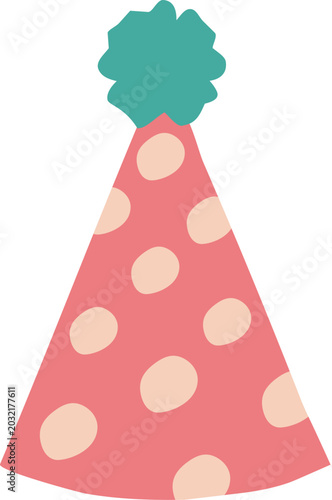 A pink polka dot party hat with a fluffy pom pom topper creates a cheerful birthday celebration accessory in a cute flat vector illustration style.
