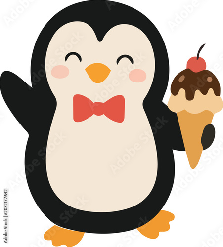 A cute cartoon penguin holding an ice cream cone and wearing a red bow tie is illustrated in a playful flat vector style for kids and celebration themes.