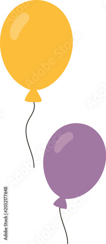 Simple flat vector illustration of two colorful party balloons with strings isolated on a transparent background in a cute minimalist celebration style.