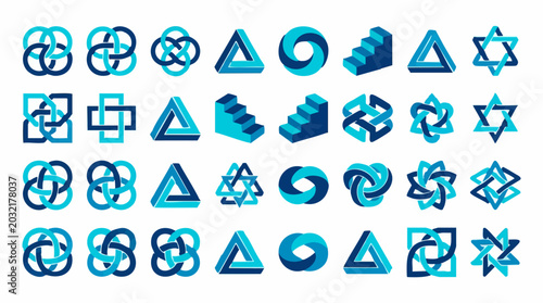 Collection of impossible geometric shapes and endless knot designs in blue