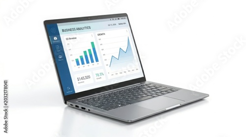 Modern laptop displaying business analytics dashboard, professional notebook with financial data charts, sleek silver computer for corporate growth isolated on White Background