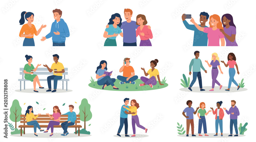 Fototapeta premium People are gathered and socializing in various settings and environments with friends and others.