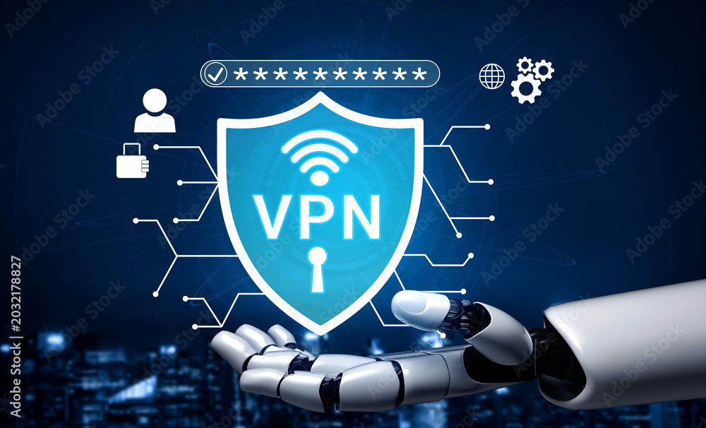 Fototapeta premium Futuristic robotic hand presenting a VPN shield with wireless signal symbol connected to various security and technology elements in digital backdrop Haptic.