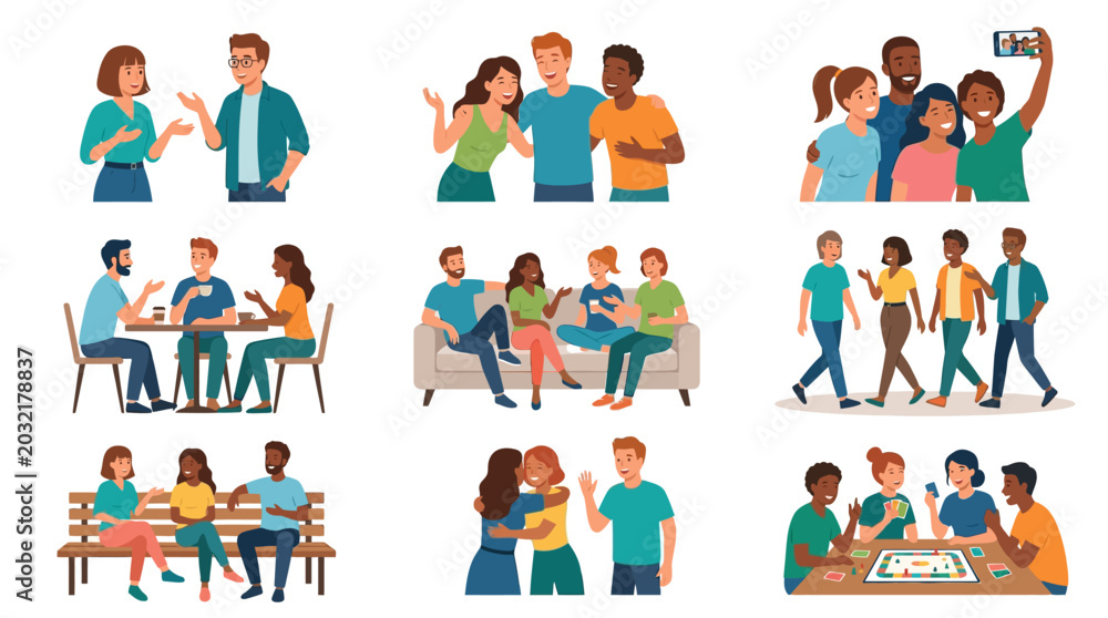 Fototapeta premium Diverse groups of people socialize and interact in various settings and activities together.